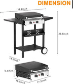 2 Burner BBQ Gas Griddle with Hood, 17.3 Inch Stainless Steel Portable Detachable Propane Griddle, 30,000 BTU Flat Top Barbecue Grill with Side Shelves for Camping