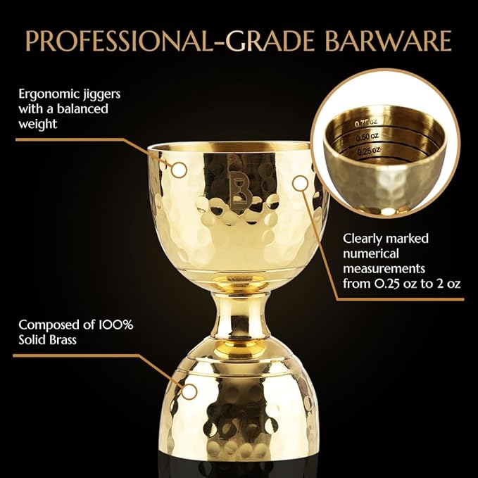 Hammered Bell Jigger by Bull In China - Premium 100% Brass with 0.25oz to 2oz Measures for Cocktails, Bars & Bartenders