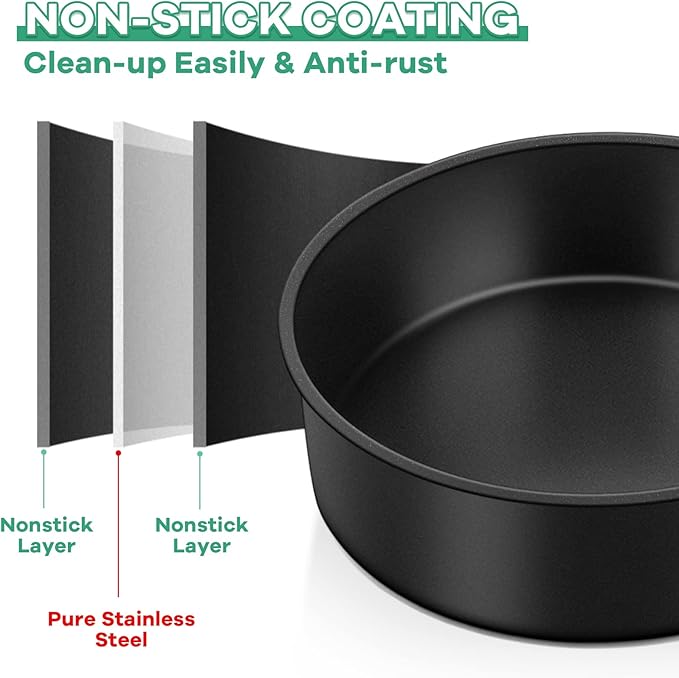 TeamFar 6 Inch Cake Pan, Round Baking Layer Cake Pan Set of 3, with Non-Stick Coating Stainless Steel Core for Birthday, Party, Wedding, Healthy & Heatproof, Release Easily & Easy Clean