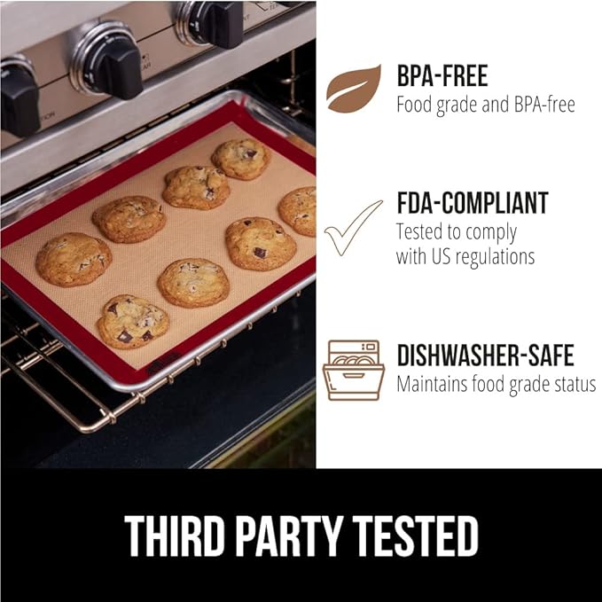 GORILLA GRIP Reusable Nonstick Silicone Baking Mat, 2 Pack, BPA-Free Oven Safe Food Liner, For Cookie Sheets, Toaster Ovens, Easy Clean Pastry Mats, Kitchen Essential, 11.75x8.25, Quarter Sheet, Red