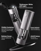 TOMEEM Upgraded Larger Capacity Electric Salt and Pepper Grinder Set Rechargeable with LED lights, Stainless Steel Automatic Pepper and Salt Grinder Refillable with 5 Adjustable Coarseness Gray