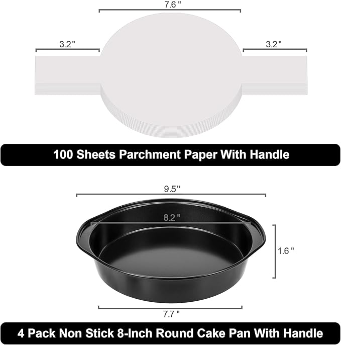 8 Inch Cake Pan, Nonstick 4 Pack Round Cake Pans with 100PCS Pre-cut Parchment Paper for Birthday Christmas, Durable Circle Cake Pan Sets with Handle for Baking Multi-Layer Cakes, Dishwasher Safe