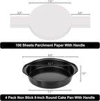 8 Inch Cake Pan, Nonstick 4 Pack Round Cake Pans with 100PCS Pre-cut Parchment Paper for Birthday Christmas, Durable Circle Cake Pan Sets with Handle for Baking Multi-Layer Cakes, Dishwasher Safe