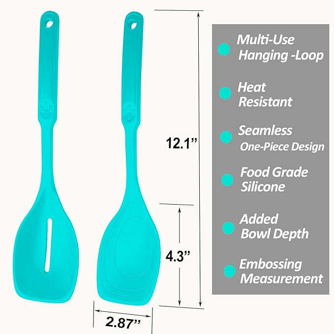 2 Pack Large Silicone Cooking Spoons set, Non-Stick Slotted/Solid Spoon set with Deep Bolw& Measurement Mark for Mixing, Serving, Draining, Scooping, Scraping, Heat Resistant Kitchen Utensils,Teal