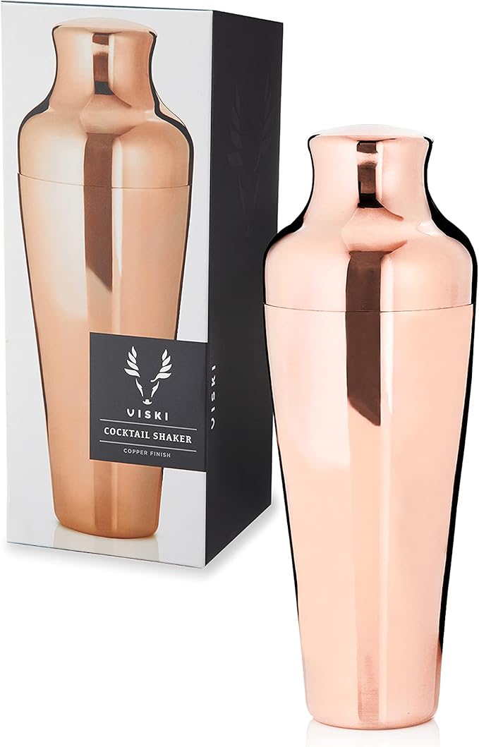 Viski Parisian Cocktail Shaker, Contoured High Shine Polished Stainless Steel with Built-In Cap and Strainer, Copper 25 Oz Set of 1