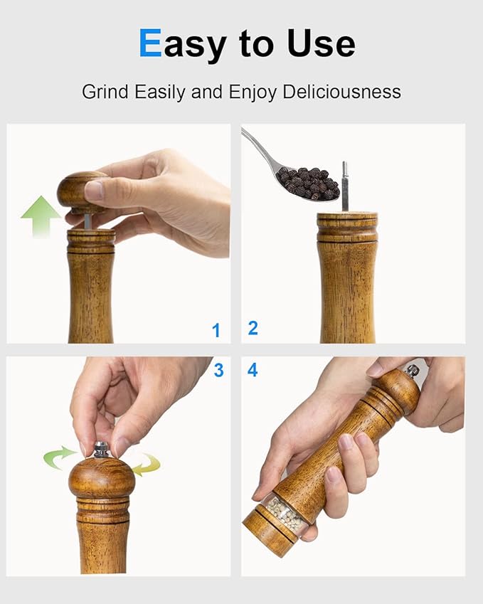 Pepper Grinder Salt Grinder Wooden Pepper Mill Grinder w/Adjustable Coarse, 8 inch Tall Wood Refillable Manual Pepper Grinder Mill Peppermill for Black Peppercorn, Easy Clean w/Cleaning Brush