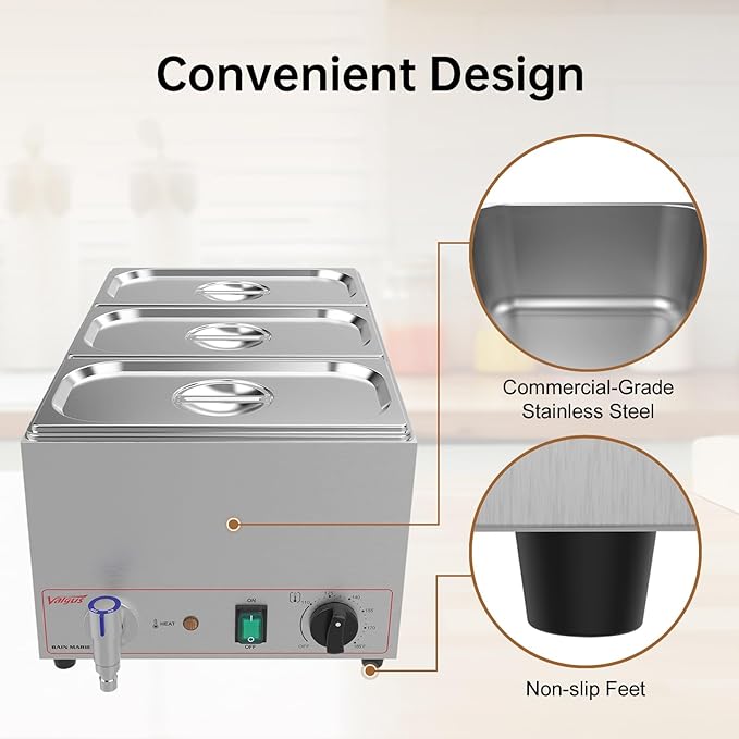 Valgus Commercial Grade Stainless Steel 3 Sections 17 Qt Bain Marie Food Warmers Electric Countertop Steamer with Lid and Tap for Parties, Banquet and Catering Events