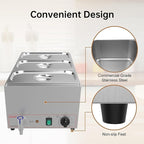 Valgus Commercial Grade Stainless Steel 3 Sections 17 Qt Bain Marie Food Warmers Electric Countertop Steamer with Lid and Tap for Parties, Banquet and Catering Events