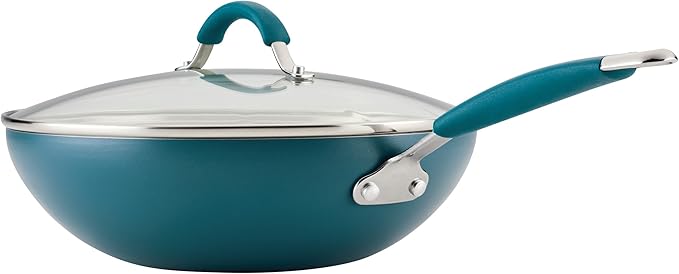 Rachael Ray Cucina Ceramic Nonstick Stir Fry Pan and Lid, 11 Inch Non Stick Wok Pan, Dishwasher Safe - Marine Blue