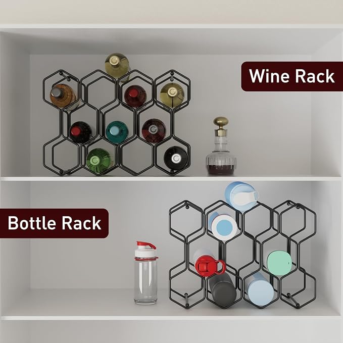 Buruis Countertop Wine Rack, 14-Bottle Modern Freestanding Metal Holder for Red and White Wine, Tabletop, Kitchen, Bar, and Cabinet Storage (Black)