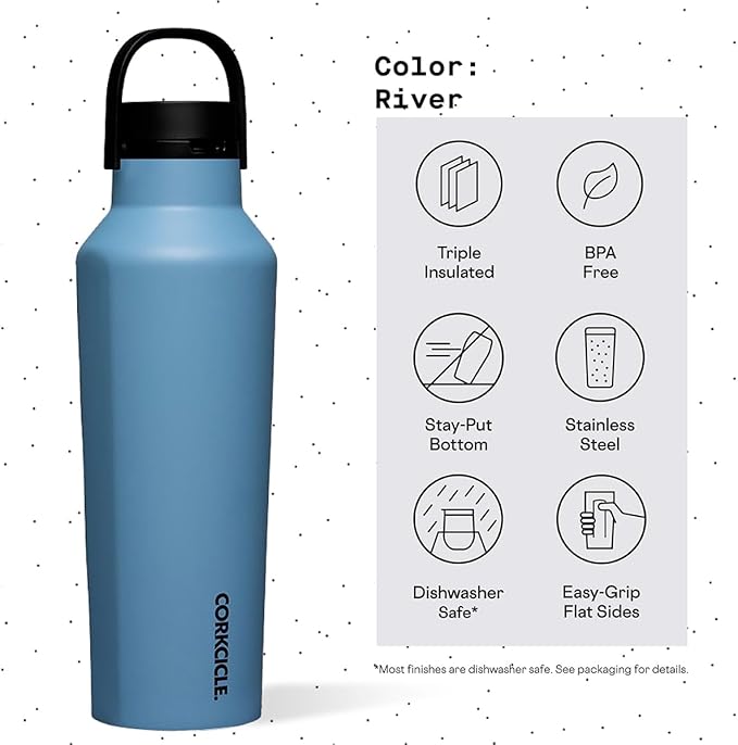 Corkcicle Sport Canteen Insulated Tumbler, River, 20 oz – Reusable Water Bottle Keeps Beverages Cold for 25 Hours & Hot 12 Hours – Cupholder Friendly Tumbler with Screw-On Cap