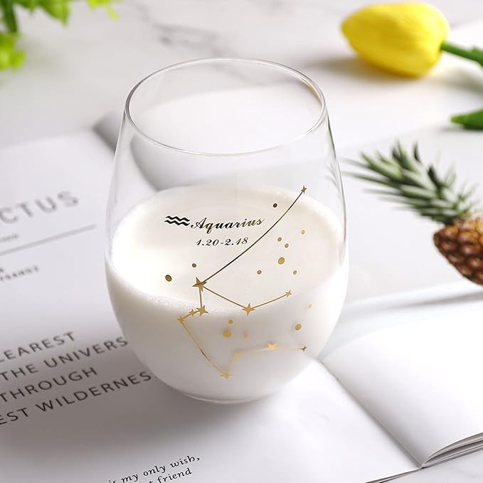 HOHY Aquarius Wine Glass - 20oz Stemless Zodiac Constellation Glass, Gift for Women & Men