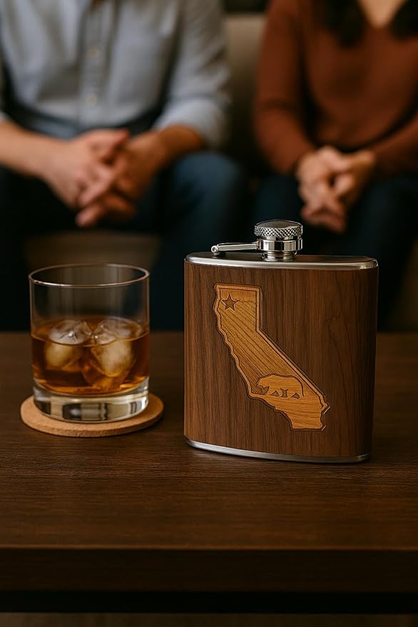 WUDN 6 oz. Wooden Hip Flask - Stainless Steel Body, California Inlay in Black Walnut & Bamboo