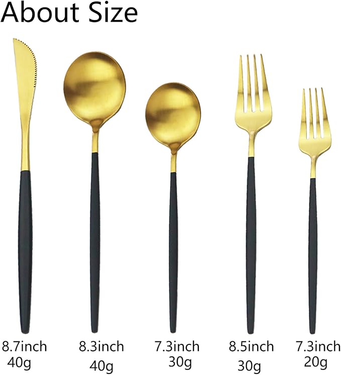 JASHII Flatware Silverware Set Stainless Steel Satin Finish Cutlery Set Service for 6, 30-Piece Spoons And Forks Kitchen Utensil Set, Dishwasher Safe (Matte Black handle gold)