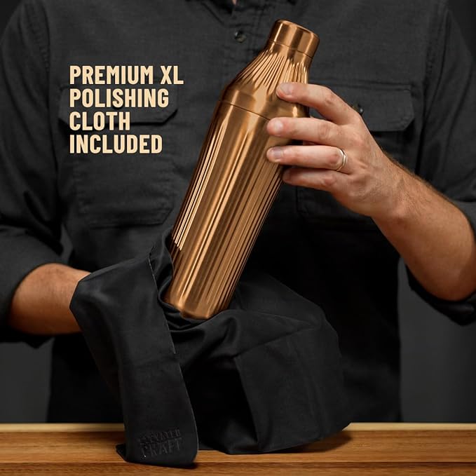 Elevated Craft Diamond Edition Hybrid Cocktail Shaker Set - Premium Vacuum Insulated Brushed Copper, 28 oz, Includes Built-In Strainer, Precise Measuring Top & XL Polishing Cloth - Martini Shaker