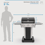 Kenmore 3-Burner Propane BBQ Grill, 30,000 BTUs Gas Grill with Cast Iron Cooking Grates, Folding Side Tables & Wheels, Outdoor Grill with Tool Hooks, Black