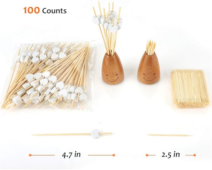 Minisland White Love Heart Cocktail Picks, 4.7 Inch Long Bamboo Fancy Toothpicks for Appetizers, Decorative Valentines Bridal Wedding Party Food Drinks Garnish Fruit Skewer Sticks 100 Counts -MSL135