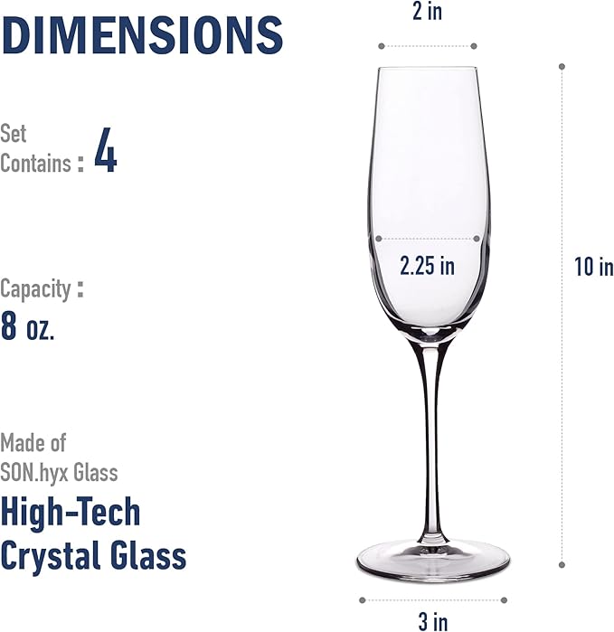 Luigi Bormioli Crescendo 8-ounce. Champagne Flutes , Set Of 4, Prosecco Glasses, Clear Crystal Son-hyx Glass, Dishwasher Safe, Made In Italy.