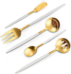 Matte White Gold Serving Silverware Set, 5-Piece Round Shared Utensils Set of Stainless Steel, Hostess Flatware Serving Set, Satin Finish, Dishwasher Safe