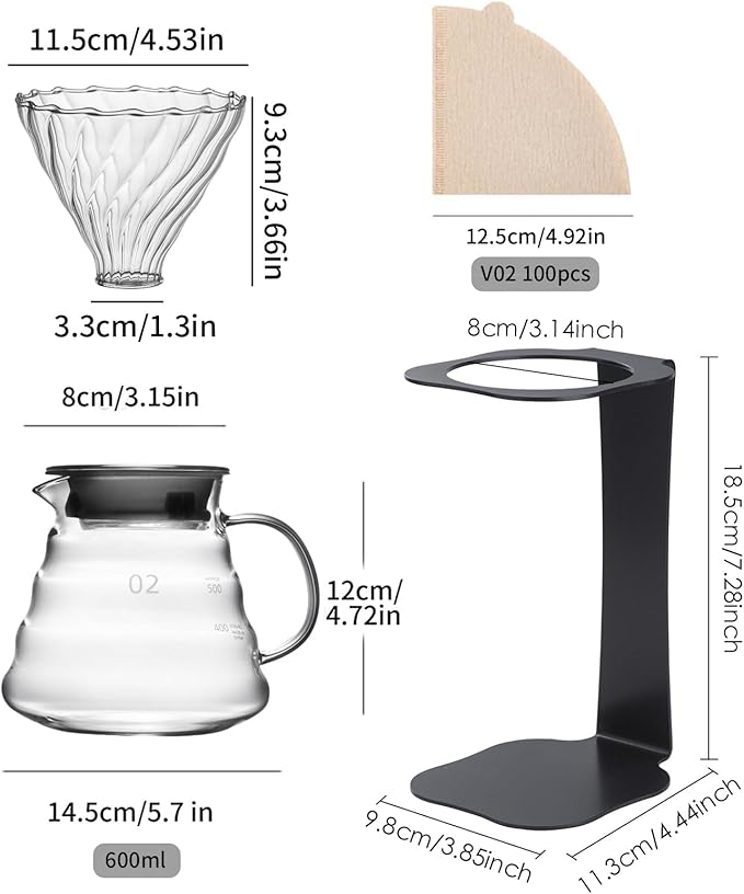 Coffee Pour Over Set – Complete Pour Over Coffee Maker with Dripper, Pot, and 100 Filters | Portable V60 Style Drip Coffee Pour Over
