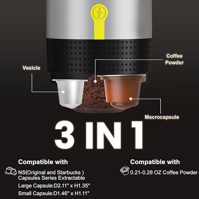 Portable Espresso Machine,3-in-1Portable Coffee Maker,20 Bar Mini Espresso Machine,Self-Heating Travel Coffee Maker Compatible with NS, DG Pods & Ground Coffee, for Camping Hiking,Office,RV