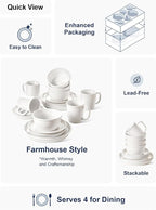 LE TAUCI 16-Piece Ceramic Cups and Plates sets for Kitchen, Service for 4 – White Farmhouse Deeper Plates & Bowls (10" Dinner, 8" Salad, 6" Bowls, 18 oz Mugs), Stackable, Chip Resistant Stoneware