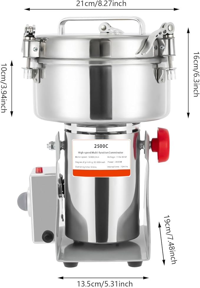 Electric Grain Mill Grinder, 2500g/5.51lb High-speed 32000r/min Food Grinder, 110V 4500W Countertop Grain Mill for Dry Spice Herbs Grains Coffee Rice Pepper (2500g)