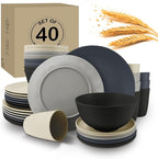 40Pack plates and bowls sets for dinner - Unbreakable wheat straw dinnerware sets service for 8 - Alternative plastic 40pcs dish sets for camping,picnic and R.V. - (Black & Grey)