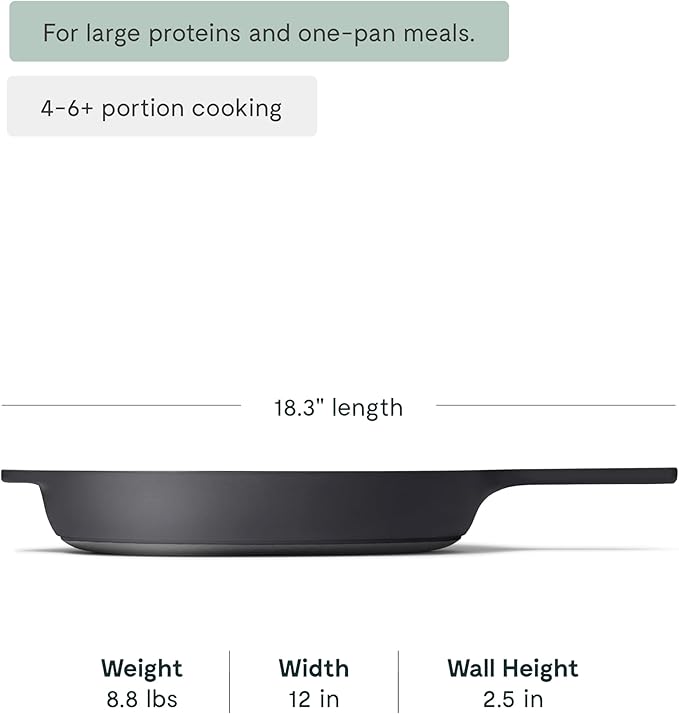 Caraway Cast Iron Skillet - 12” Enameled Cast Iron Pan With 3 Layer Enamel Coating - No Seasoning Required - Compatible With All Stovetops - Free From Forever Chemicals - Charcoal