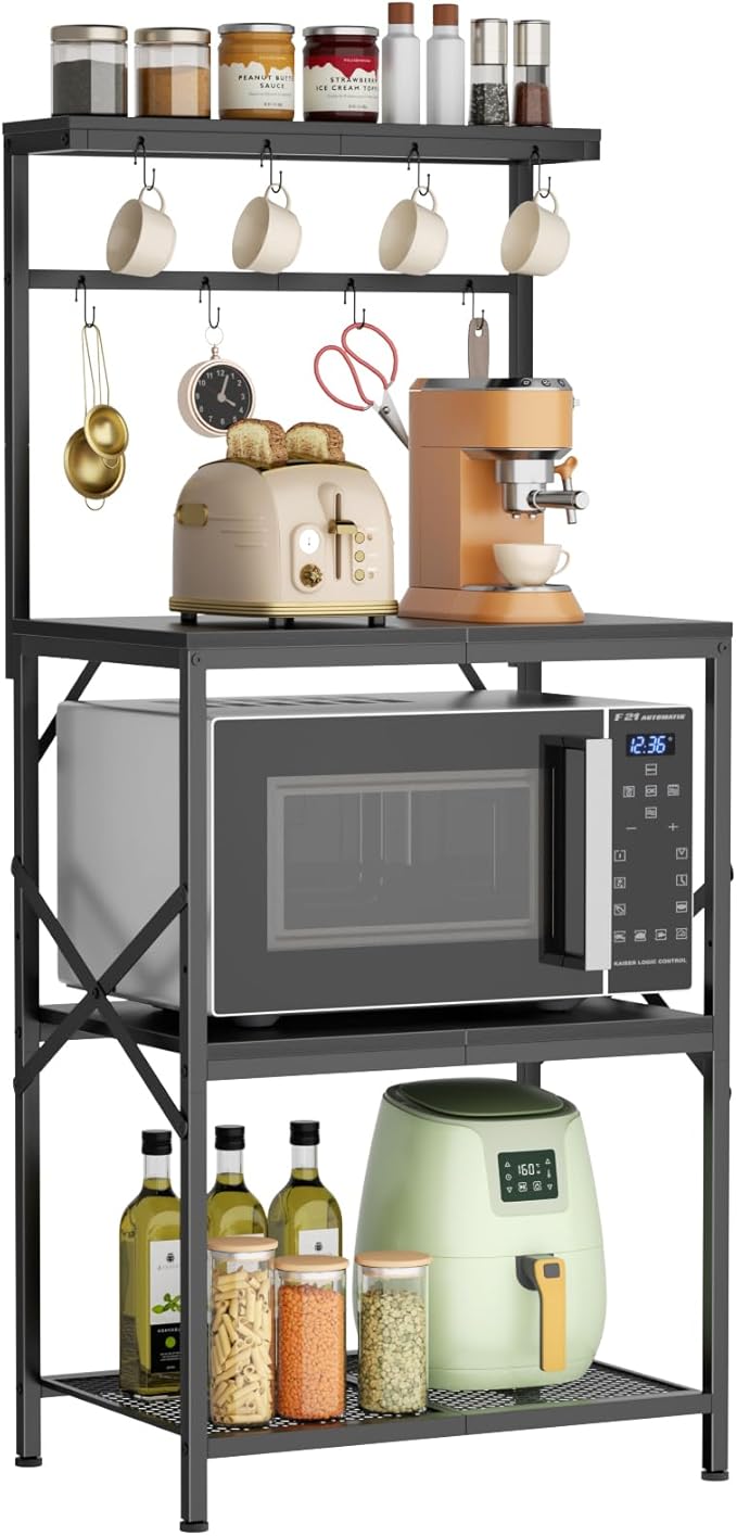 Kitchen Bakers Rack with Storage Shelves, Small Coffee Bar Cart with 8 Hooks, 4 Tiers Microwave Stand Station with Adjustable Shelves, Freestanding Kitchen Appliance Organizer, Black