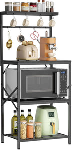 Kitchen Bakers Rack with Storage Shelves, Small Coffee Bar Cart with 8 Hooks, 4 Tiers Microwave Stand Station with Adjustable Shelves, Freestanding Kitchen Appliance Organizer, Black