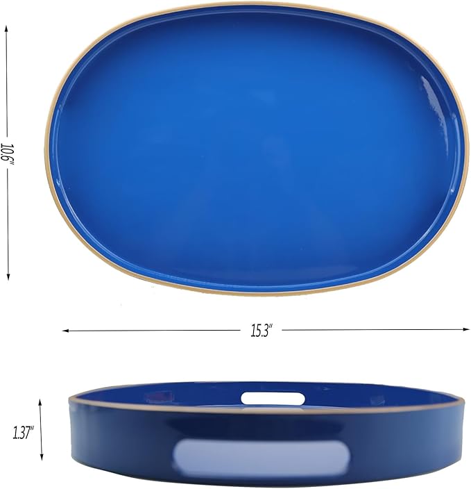 Royal Blue Oval Decorative Tray with Handles, Versatile Serving Tray for Coffee Table, Ottoman, Ideal for Serving, Displaying, Organizing