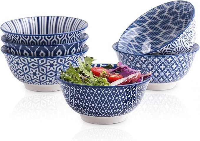 Selamica 7 inches Porcelain Cereal Bowl Set - Set of 6, Soup Bowls, Ceramic bowls for Cereal, Soup, Salad and Pasta, Vintage Blue
