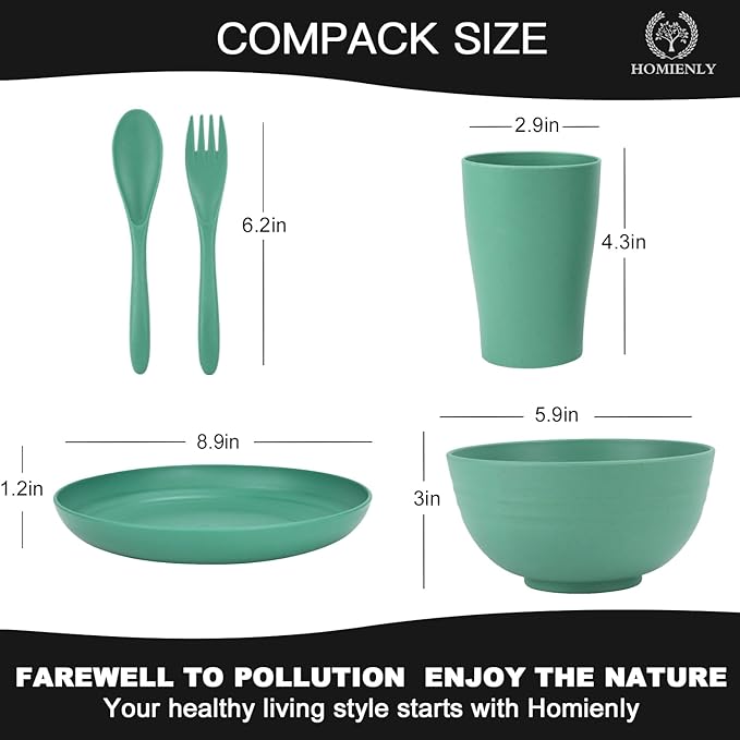 Homienly Wheat Straw Dinnerware Sets, 20pcs Unbreakable Microwave Dishwasher Safe Tableware Lightweight Bowls, Cups, Plates Set Reusable Dinner Plates Bowls set (Green)