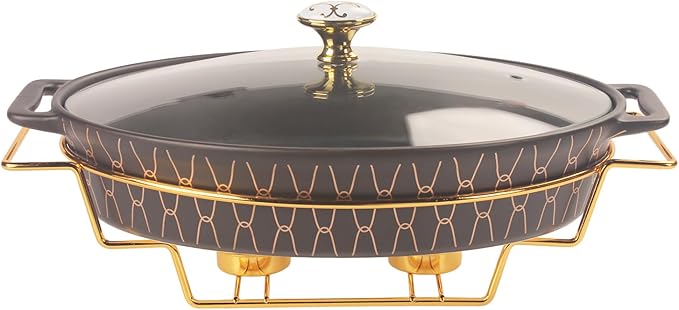 12" x 8" Ceramic Oval Casserole Dish with Glass Lid and rack, 1.7 Quart Serving Soup Tureen,Chafing Dish for Buffet, Family Food preserve Tray, Catering Casserole for Party Style, Black