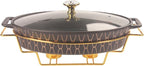 11" x 7.5" Ceramic Oval Casserole Dish with Glass Lid and rack, 40 OZ Serving Soup Tureen,Chafing Dish for Buffet, Family Food preserve Tray, Catering Casserole for Party Style, Black