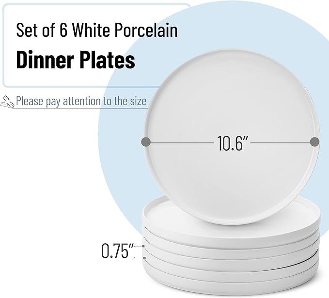 BTaT- Porcelain White Dinner Plates, Set of 6, 10.6 inch, Salad Serving Modern Round Dishes, Smooth Glaze, Dishwasher Safe, Microwave Safe, Oven Safe, Scratch Resistant