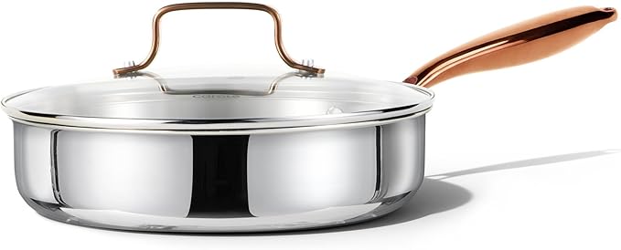 CAROTE 10" Tri-Ply Stainless Steel Deep Frying Pan with Lid, Non-Toxic Saute Pan, Oven Safe, Induction, Ceramic and Gas Cooktops Compatible, Silver