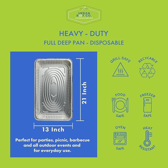 Urban Box Co. Full Size Deep Aluminum Pans - 21x13 inch Steam Table Chafing Pan: Extra Heavy Duty, Disposable Foil Tray for Restaurant. Ideal for Roasting, Cooking, Storing Food (10, No Lid)