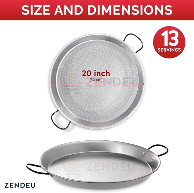 Paella Pan 20 inch - Carbon Steel Paella Pan, Made in Spain - Polished Steel, 20 in - 50 cm (13 Servings) Cook your own Spanish Paella
