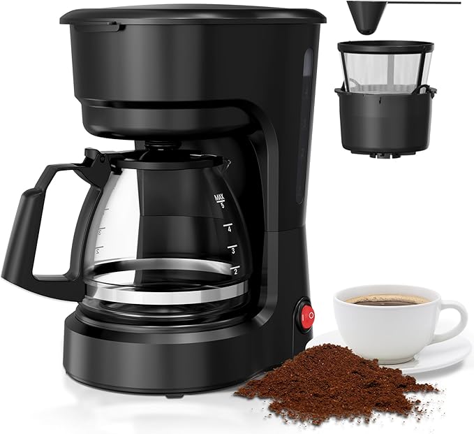 5-Cup Programmable Coffee Maker, Small Drip Coffee Machine with Food-grade Glass Carafe Coffee Pot, Always Keep Warm with Switch, Delay Brew, 25oz Water Reservoir, Compact for Home/Office/RV/Dorm