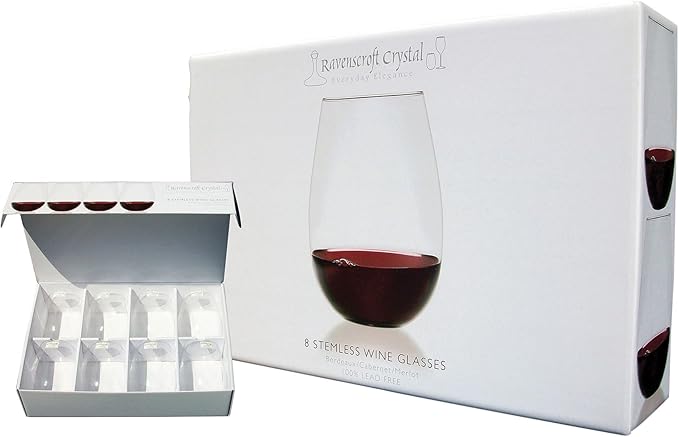 Set of 8 European-Made Stemless Wine Glasses | Voted New York Times Best Stemless Glass of 2017 | 17 FL Oz. | 100% Lead-Free Crystal | Thin | Dishwasher-Safe | Gift Box | Perfect for Everyday Use