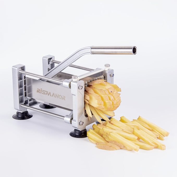 Rismonar French Fry Cutter Stainless Steel Potato Slicer With 1/2in 1/4in 3/8in Blade for Carrots Cucumbers Vegetables (Silver, Machine + 1/2 & 1/4 & 3/8)