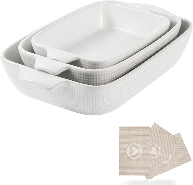 Bakeware Casserole Oven Dishes Baking - 3pcs Ceramic Rectangular Oven Serving Sets,（10.3/12.4/14.7）Stoneware Cookware Pan, Porcelain White Thanksgiving Ware for Cooking Lasagna