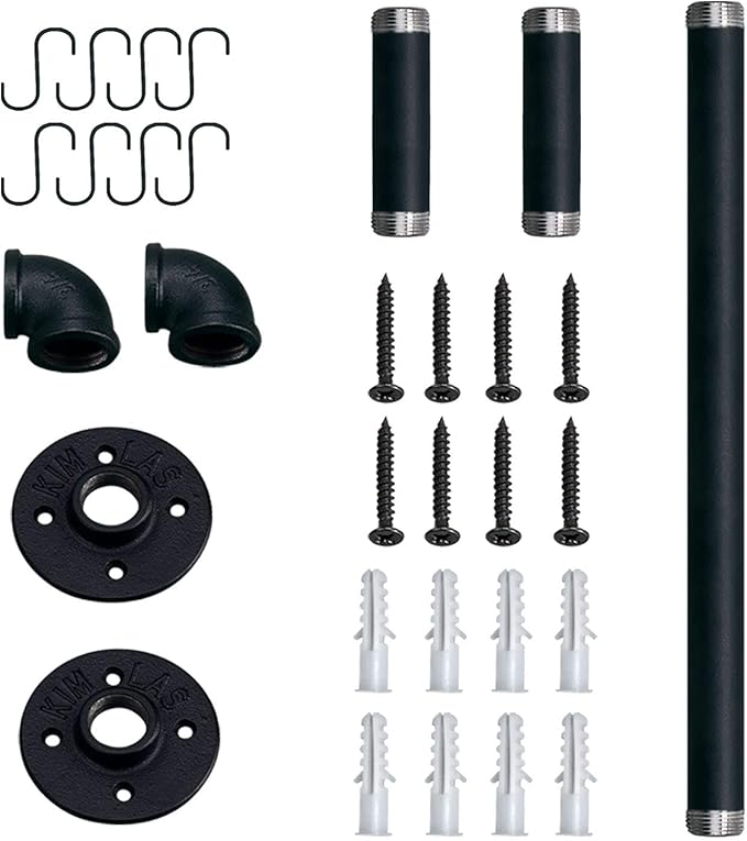 TLBTEK 20 inch Industrial Pipe Clothes Rack,Black Iron Bathroom Kitchen Towel Bar,Vintage Farmhouse DIY Wall Mounted Pot Bar Rack, Detachable Kitchen Utensils Hanger with 8 pcs S Hooks