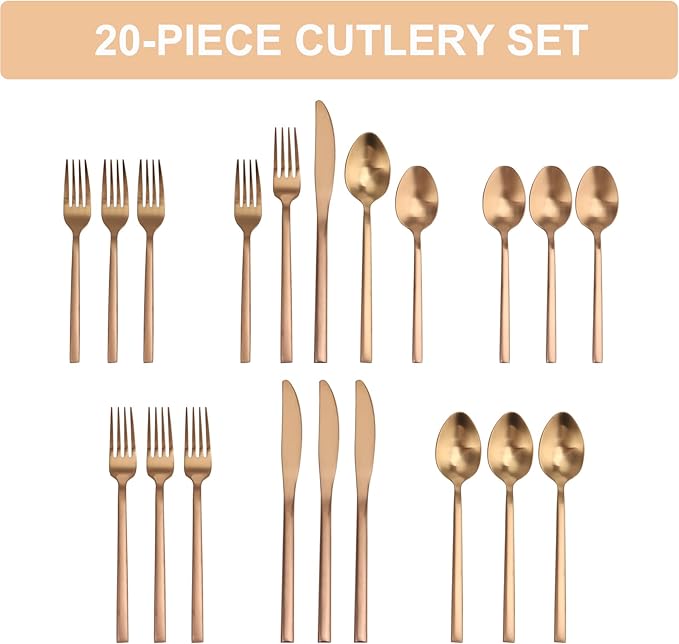 20 Piece Silverware Set for 4,Stainless Steel Flatware Set,Tableware Cutlery Set for Home and Restaurant Include Forks Knives Spoons,Mirror Finish,Dishwasher Safe (Rose Gold)