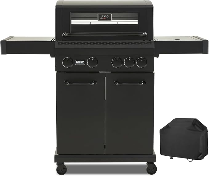 4 Burner Gas Grill Cast Iron Griddle Grill Combo, BBQ Propane Grills with Side Burner 50000BTU Heavy Duty Barbucue Grill With Cover, Black