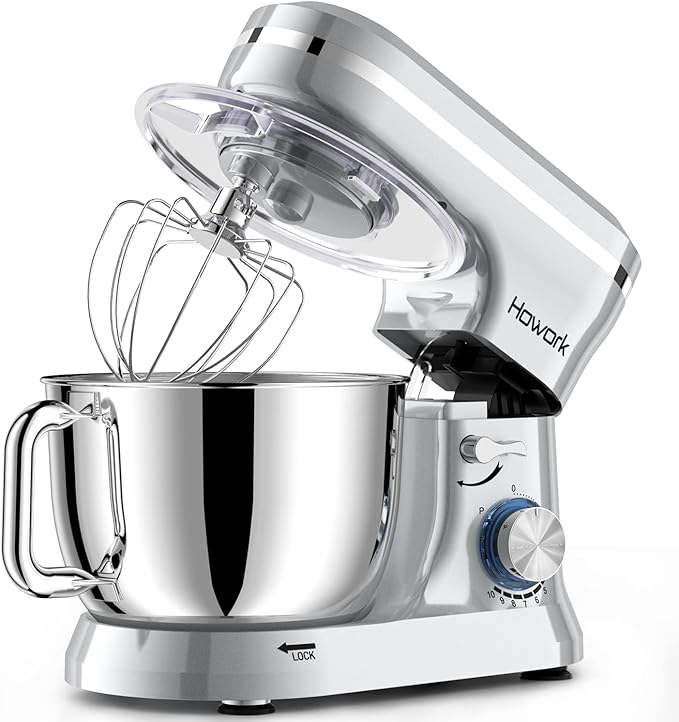 HOWORK Electric Stand Mixer,10+p Speeds With 6.5QT Stainless Steel Bowl,Dough Hook, Wire Whip & Beater,for Most Home Cooks,Silver