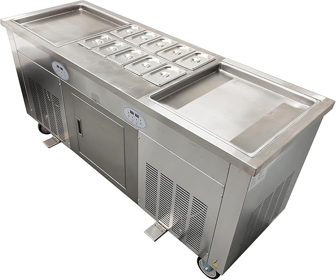 2.8KW Fried Yogurt Cream Machine Stainless Steel Commercial Rolled Ice Cream Maker 18" x 18" Square Stir-Fried Ice Cream Pan Double Pan Commercial Ice Roll Maker with 10 Boxs