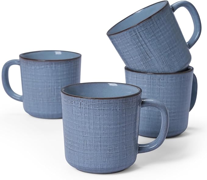 famiware Moonlight Coffee Mug Set of 4, 13oz Mug Set with Linen Finish, Coffee Cup Set with Handle for Latte, Cappuccino, Tea, Hot Cocoa, Microwave and Dishwasher Safe, Blue